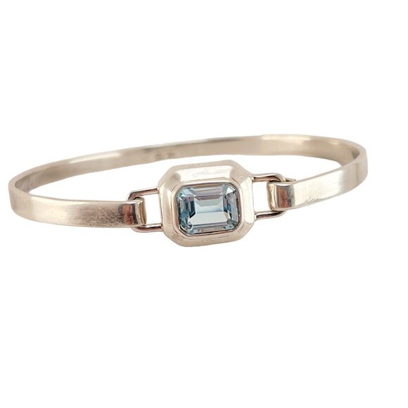 Blue Topaz Faceted, Rectangular Stone, Bezel Set Sterling Cuff Bracelet - Picture 6 of 11